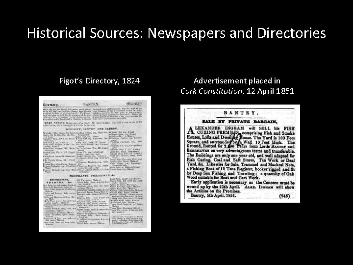 Historical Sources: Newspapers and Directories Pigot’s Directory, 1824 Advertisement placed in Cork Constitution, 12