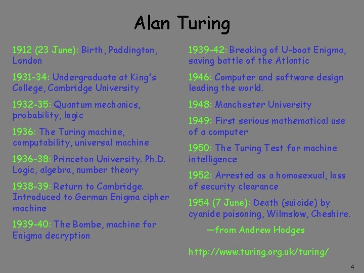 Alan Turing 1912 (23 June): Birth, Paddington, London 1939 -42: Breaking of U-boat Enigma, Alan Turing 1912 (23 June): Birth, Paddington, London 1939 -42: Breaking of U-boat Enigma,