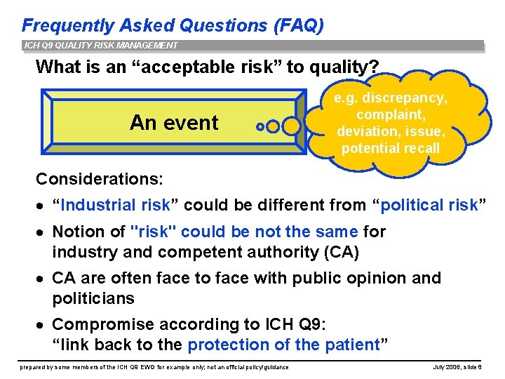 Frequently Asked Questions (FAQ) ICH Q 9 QUALITY RISK MANAGEMENT What is an “acceptable