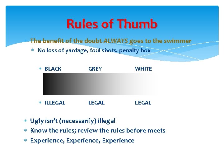 Rules of Thumb The benefit of the doubt ALWAYS goes to the swimmer No Rules of Thumb The benefit of the doubt ALWAYS goes to the swimmer No