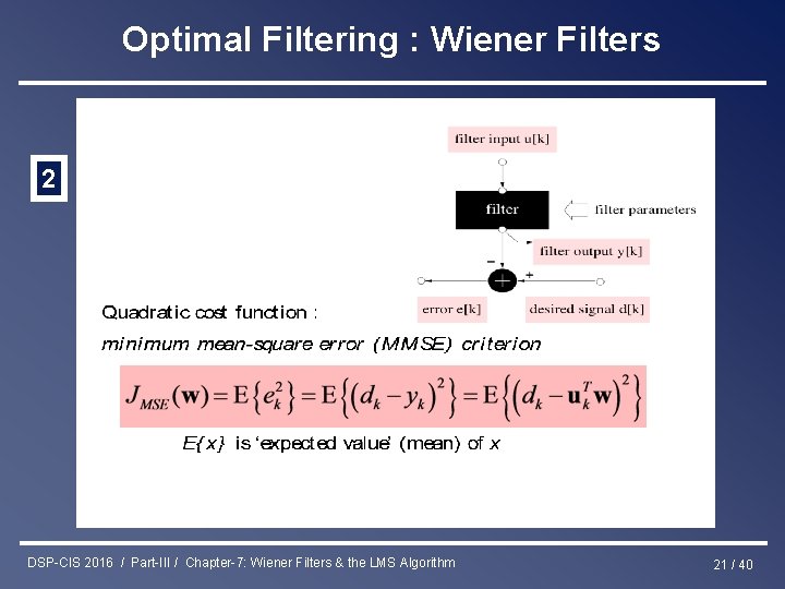 Optimal Filtering : Wiener Filters 2 DSP-CIS 2016 / Part-III / Chapter-7: Wiener Filters