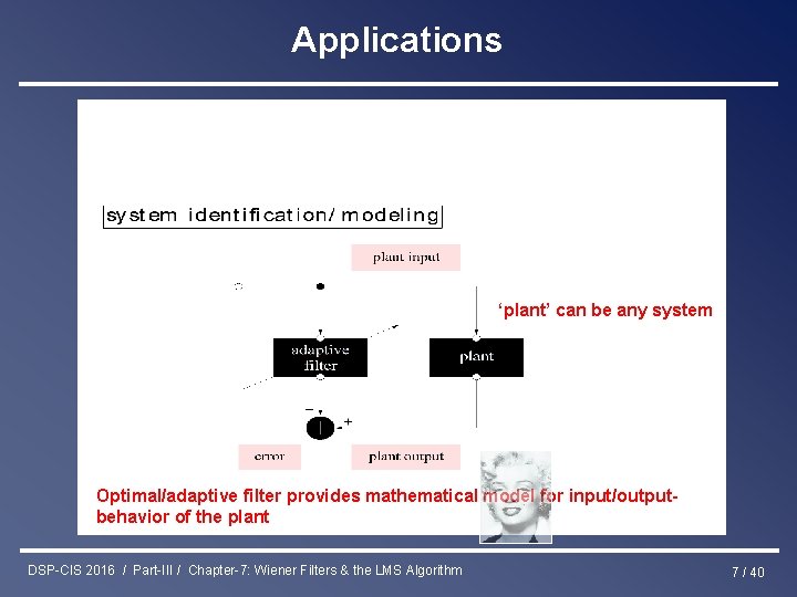 Applications ‘plant’ can be any system Optimal/adaptive filter provides mathematical model for input/outputbehavior of