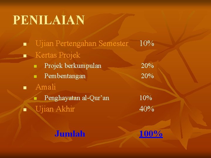 PENILAIAN n n Ujian Pertengahan Semester Kertas Projek n n n 20% Amali n