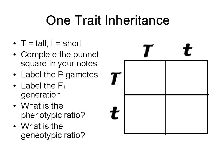 One Trait Inheritance • T = tall, t = short • Complete the punnet