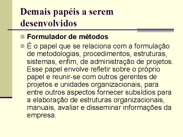 Demais papéis a serem desenvolvidos n Formulador de métodos n É o papel que