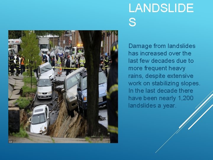 LANDSLIDE S Damage from landslides has increased over the last few decades due to