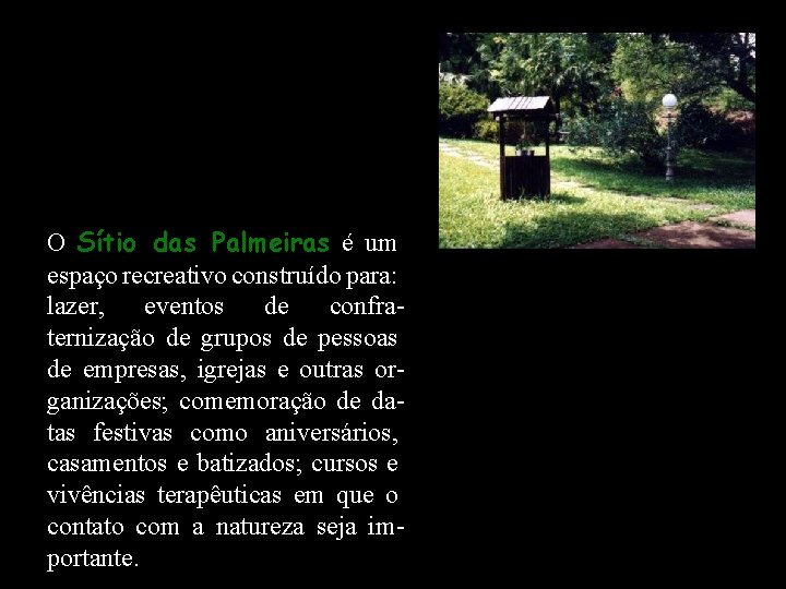 O Sítio das Palmeiras é um espaço recreativo construído para: lazer, eventos de confraternização