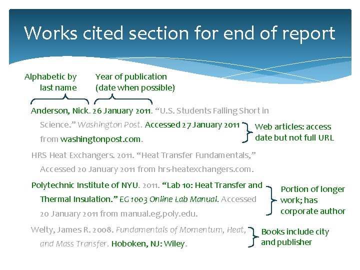Works cited section for end of report Alphabetic by last name Year of publication Works cited section for end of report Alphabetic by last name Year of publication