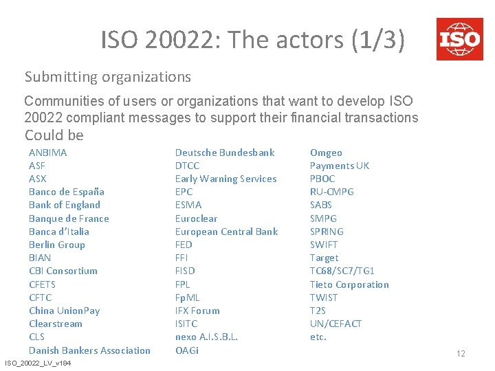 ISO 20022: The actors (1/3) Submitting organizations Communities of users or organizations that want