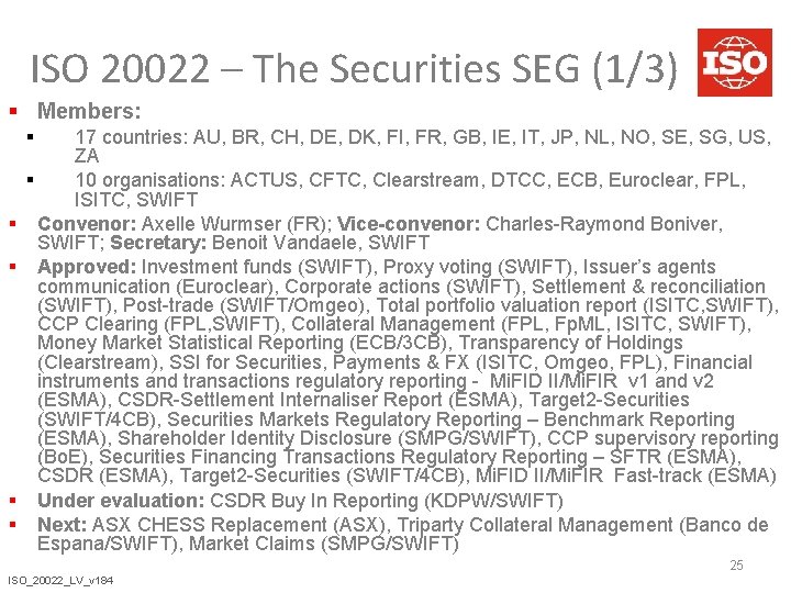 ISO 20022 – The Securities SEG (1/3) § Members: § § § 17 countries: