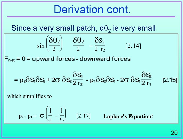Derivation cont. Since a very small patch, d 2 is very small Laplace’s Equation!