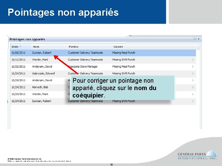 Pointages non appariés Pour corriger un pointage non apparié, cliquez sur le nom du