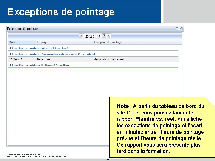 Exceptions de pointage Note : À partir du tableau de bord du site Core,