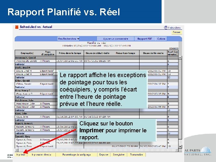 Rapport Planifié vs. Réel Le rapport affiche les exceptions de pointage pour tous les