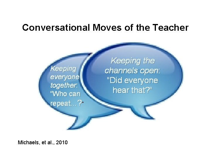 Conversational Moves of the Teacher Keeping everyone together: “Who can repeat…? ” Michaels, et