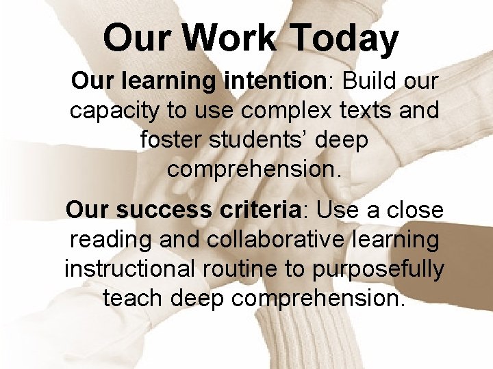 Our Work Today Our learning intention: Build our capacity to use complex texts and