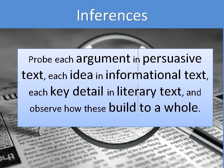 Inferences Probe each argument in persuasive text, each idea in informational text, each key