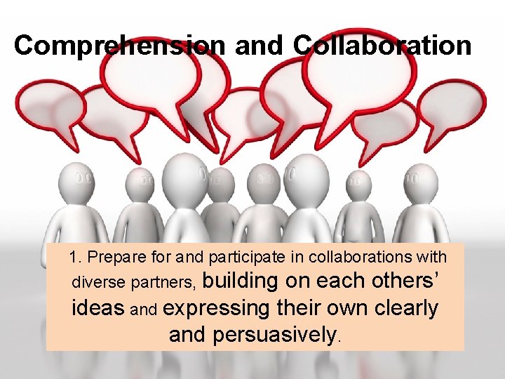 Comprehension and Collaboration 1. Prepare for and participate in collaborations with diverse partners, building