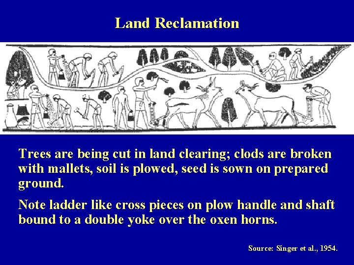 Land Reclamation Trees are being cut in land clearing; clods are broken with mallets,