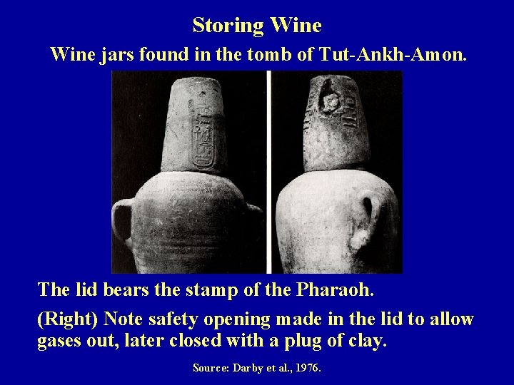 Storing Wine jars found in the tomb of Tut-Ankh-Amon. The lid bears the stamp