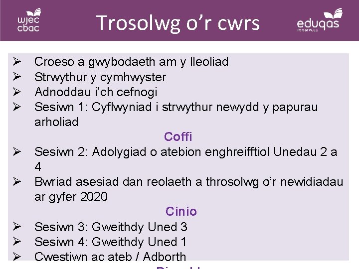 Trosolwg o’r cwrs Ø Ø Ø Ø Ø Croeso a gwybodaeth am y lleoliad Trosolwg o’r cwrs Ø Ø Ø Ø Ø Croeso a gwybodaeth am y lleoliad