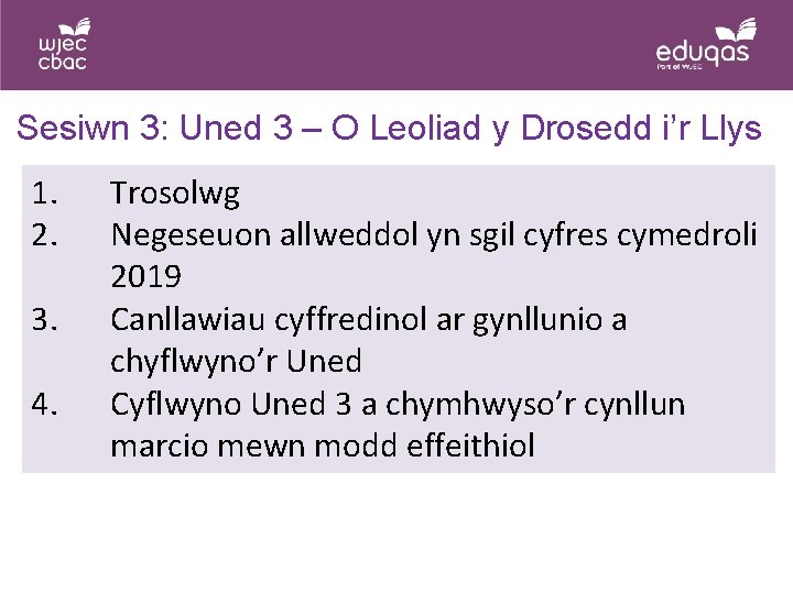 Sesiwn 3: Uned 3 – O Leoliad y Drosedd i’r Llys 1. 2. 3.