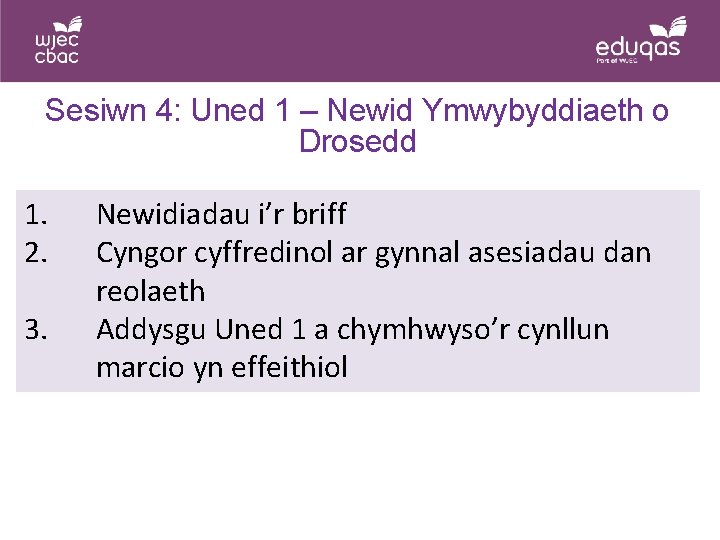 Sesiwn 4: Uned 1 – Newid Ymwybyddiaeth o Drosedd 1. 2. 3. Newidiadau i’r Sesiwn 4: Uned 1 – Newid Ymwybyddiaeth o Drosedd 1. 2. 3. Newidiadau i’r