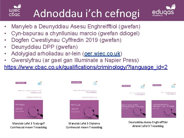 Adnoddau i’ch cefnogi • Manyleb a Deunyddiau Asesu Enghreifftiol (gwefan) • Cyn-bapurau a chynlluniau