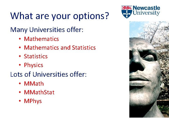 What are your options? Many Universities offer: • • Mathematics and Statistics Physics Lots