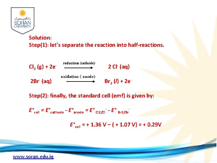 Solution: Step(1): let's separate the reaction into half-reactions. Cl 2 (g) + 2 e-