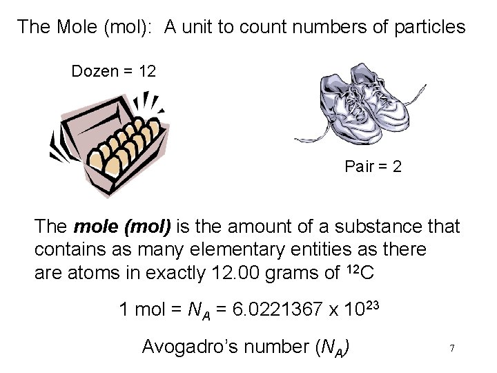 The Mole (mol): A unit to count numbers of particles Dozen = 12 Pair