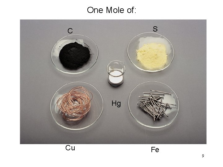 One Mole of: S C Hg Cu Fe 9 