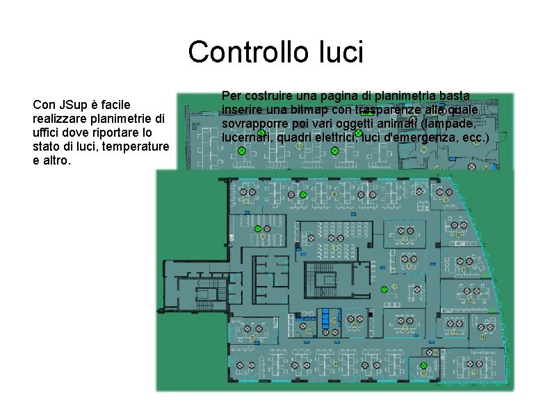 Controllo luci Con JSup è facile realizzare planimetrie di uffici dove riportare lo stato Controllo luci Con JSup è facile realizzare planimetrie di uffici dove riportare lo stato