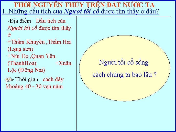 THỜI NGUYÊN THỦY TRÊN ĐẤT NƯỚC TA 1. Những dấu tích của Người tối