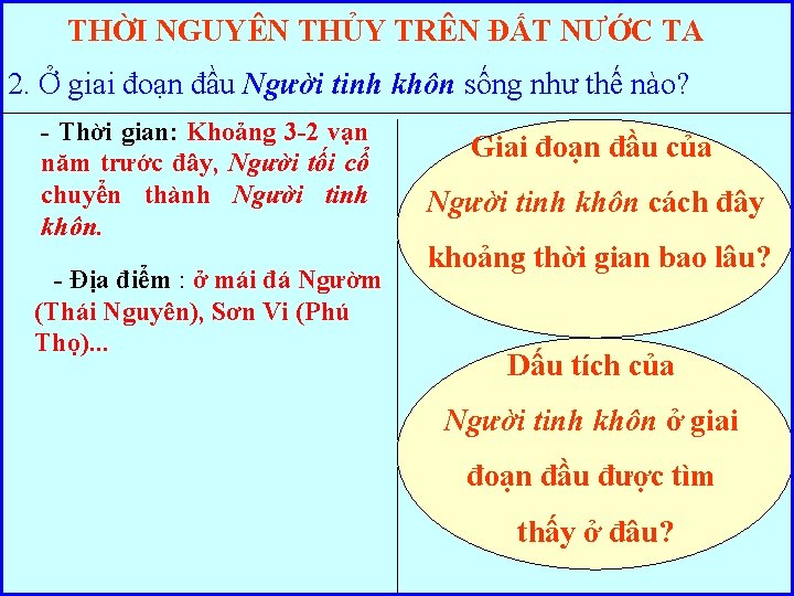 THỜI NGUYÊN THỦY TRÊN ĐẤT NƯỚC TA 2. Ở giai đoạn đầu Người tinh