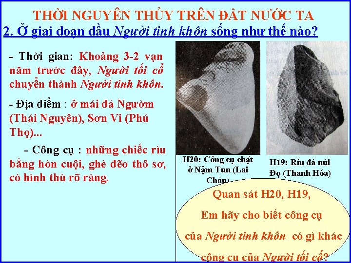 THỜI NGUYÊN THỦY TRÊN ĐẤT NƯỚC TA 2. Ở giai đoạn đầu Người tinh