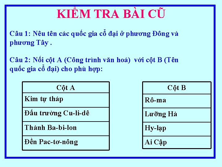 KIỂM TRA BÀI CŨ Câu 1: Nêu tên các quốc gia cổ đại ở