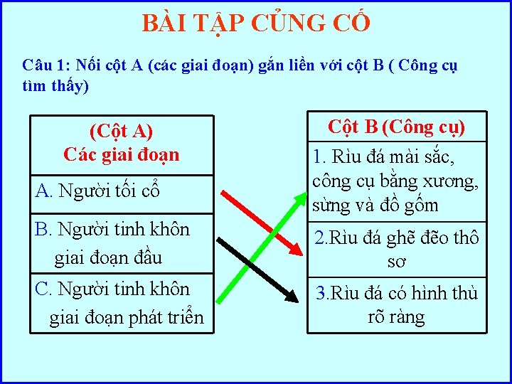 BÀI TẬP CỦNG CỐ Câu 1: Nối cột A (các giai đoạn) gắn liền