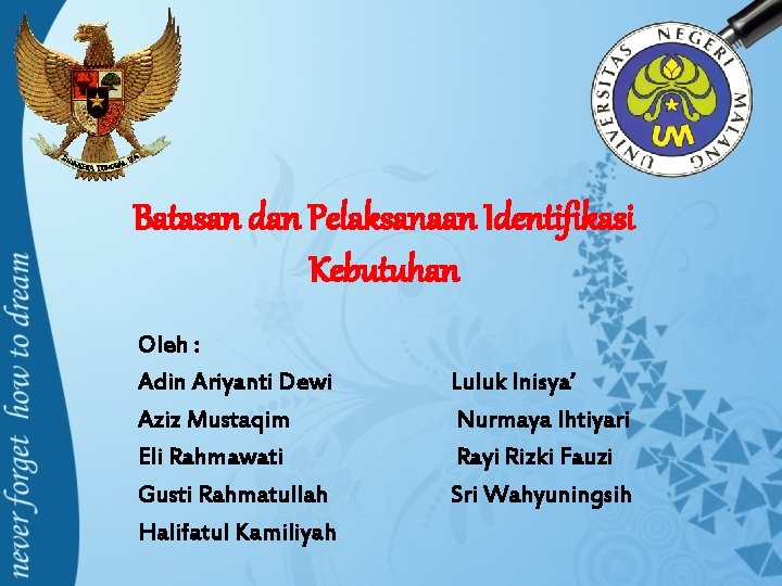 Batasan dan Pelaksanaan Identifikasi Kebutuhan Oleh : Adin Ariyanti Dewi Aziz Mustaqim Eli Rahmawati