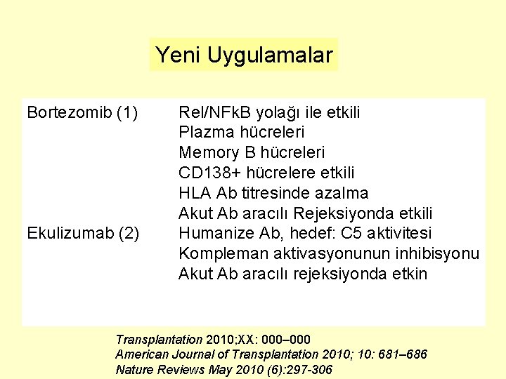 Yeni Uygulamalar Bortezomib (1) Ekulizumab (2) Rel/NFk. B yolağı ile etkili Plazma hücreleri Memory