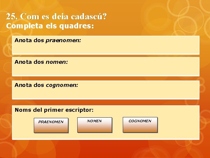 25. Com es deia cadascú? Completa els quadres: Anota dos praenomen: Anota dos cognomen: