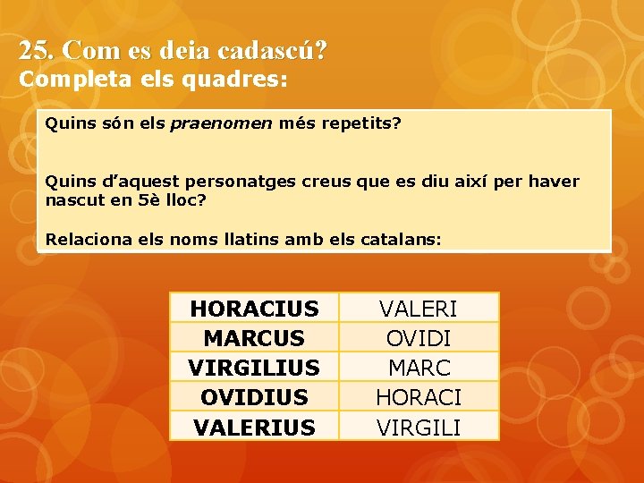 25. Com es deia cadascú? Completa els quadres: Quins són els praenomen més repetits?