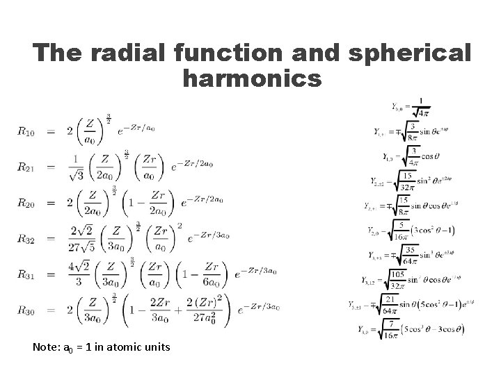 The radial function and spherical harmonics Note: a 0 = 1 in atomic units