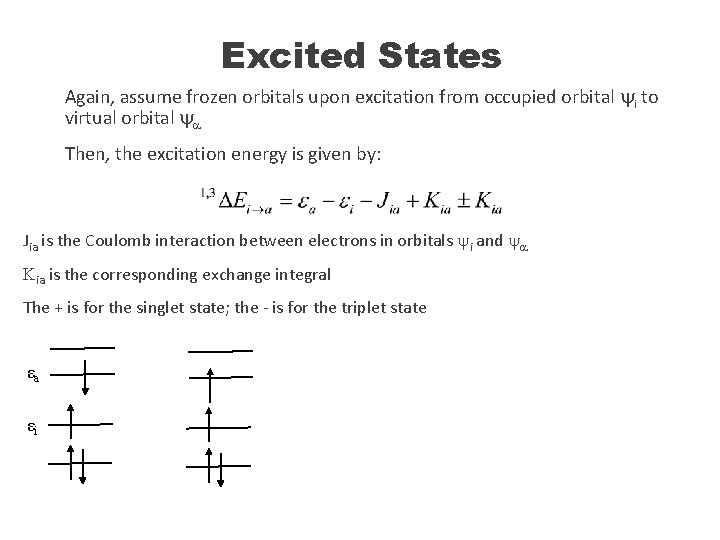 Excited States Again, assume frozen orbitals upon excitation from occupied orbital yi to virtual