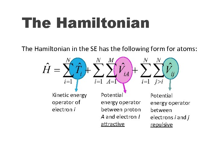 The Hamiltonian in the SE has the following form for atoms: Kinetic energy operator