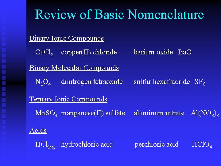 Review of Basic Nomenclature Binary Ionic Compounds Cu. Cl 2 copper(II) chloride barium oxide