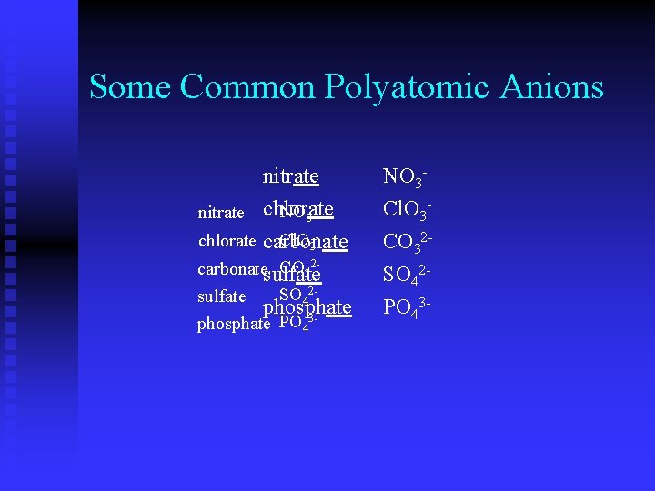 Some Common Polyatomic Anions nitrate NO 3 nitrate chlorate Cl. O 3 chlorate carbonate