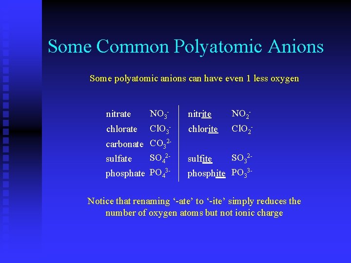 Some Common Polyatomic Anions Some polyatomic anions can have even 1 less oxygen nitrate