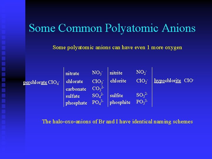 Some Common Polyatomic Anions Some polyatomic anions can have even 1 more oxygen perchlorate