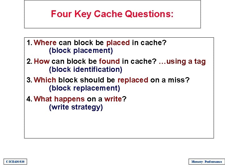 Four Key Cache Questions: 1. Where can block be placed in cache? (block placement)